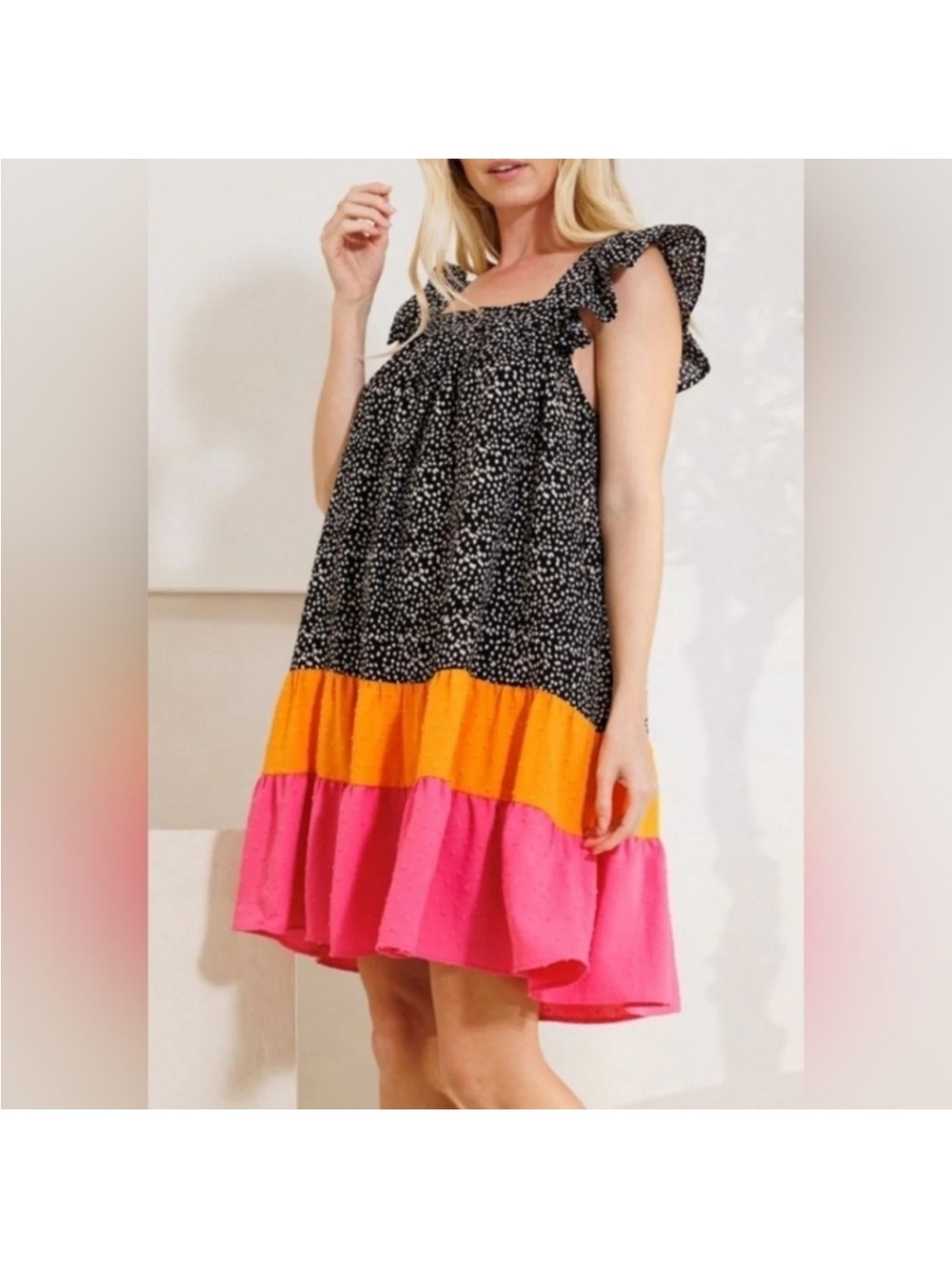 NWOT | ODDI Anthro Ruffle Strap Tiered Swing Dress Black Polka Dot Orange & Pink
